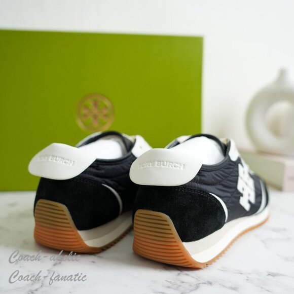 NIB Tory Burch T-Logo Nylon Suede Vintage Sneaker 2.0 in Black/White - Picture 5 of 11